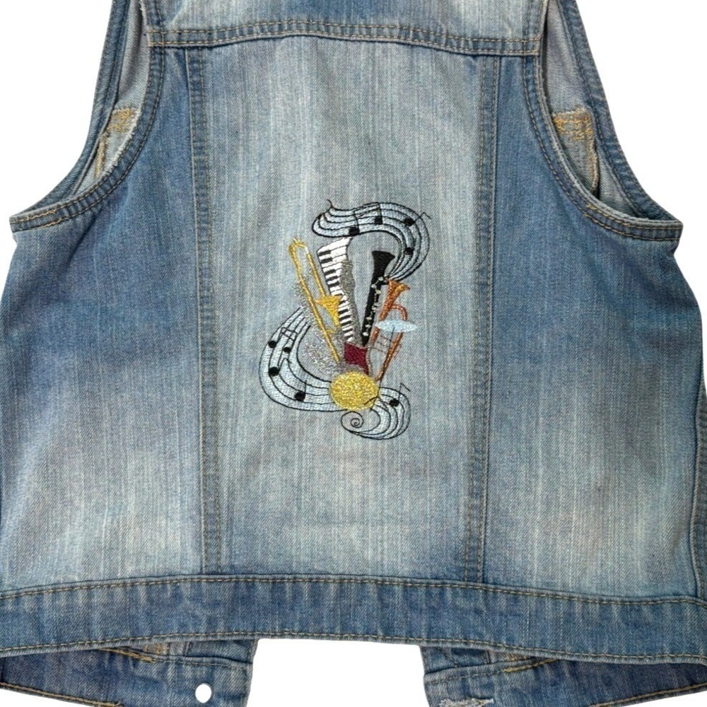 Retro Mudd Blue Denim Vest Musical Instrument Embroidery Studded Y2K Small